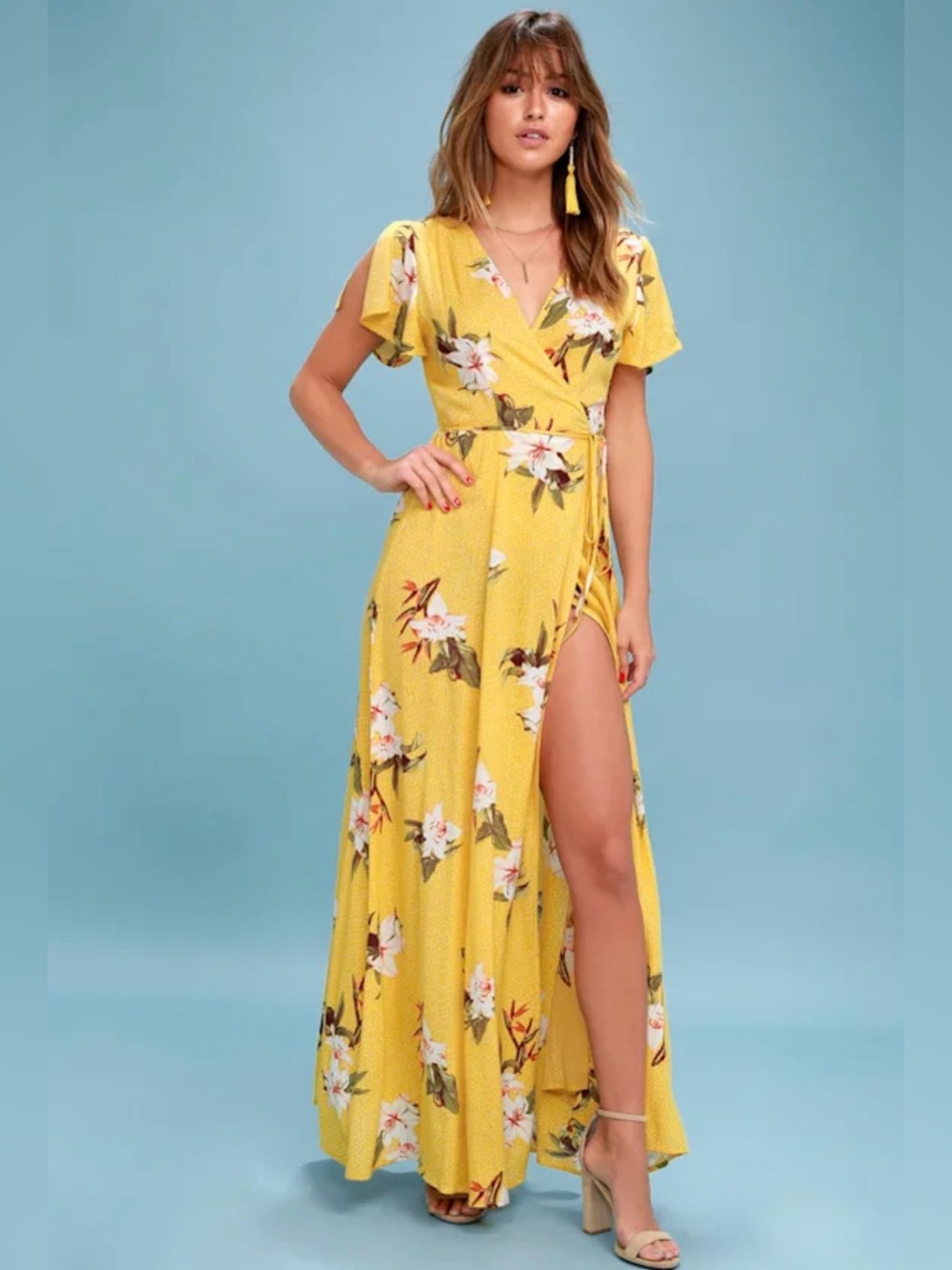 Lulus Heart of Marigold Yellow Floral Wrap Maxi Dress Medium